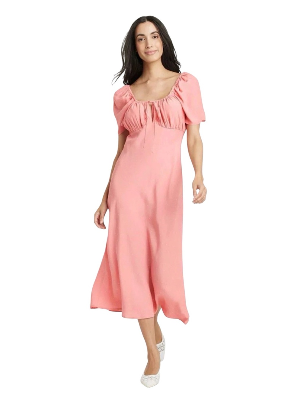 a new day Coral Pink Polka Dot Tie-Front Midi Dress